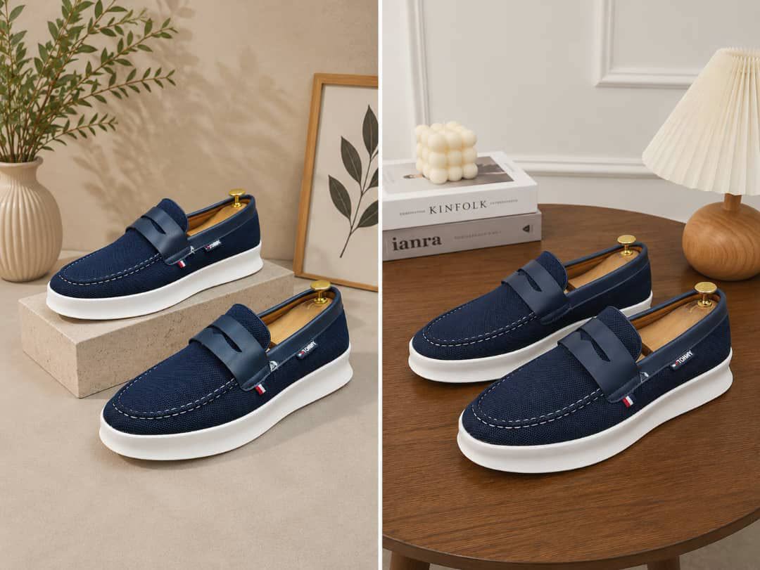 Mocassins de ville bleus et noirs en suède à semelle blanche